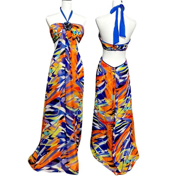 BCBG Maxazaria Bright Orange Silk Print Cutout Halter Dress Size 10 NWT - Picture 1 of 12